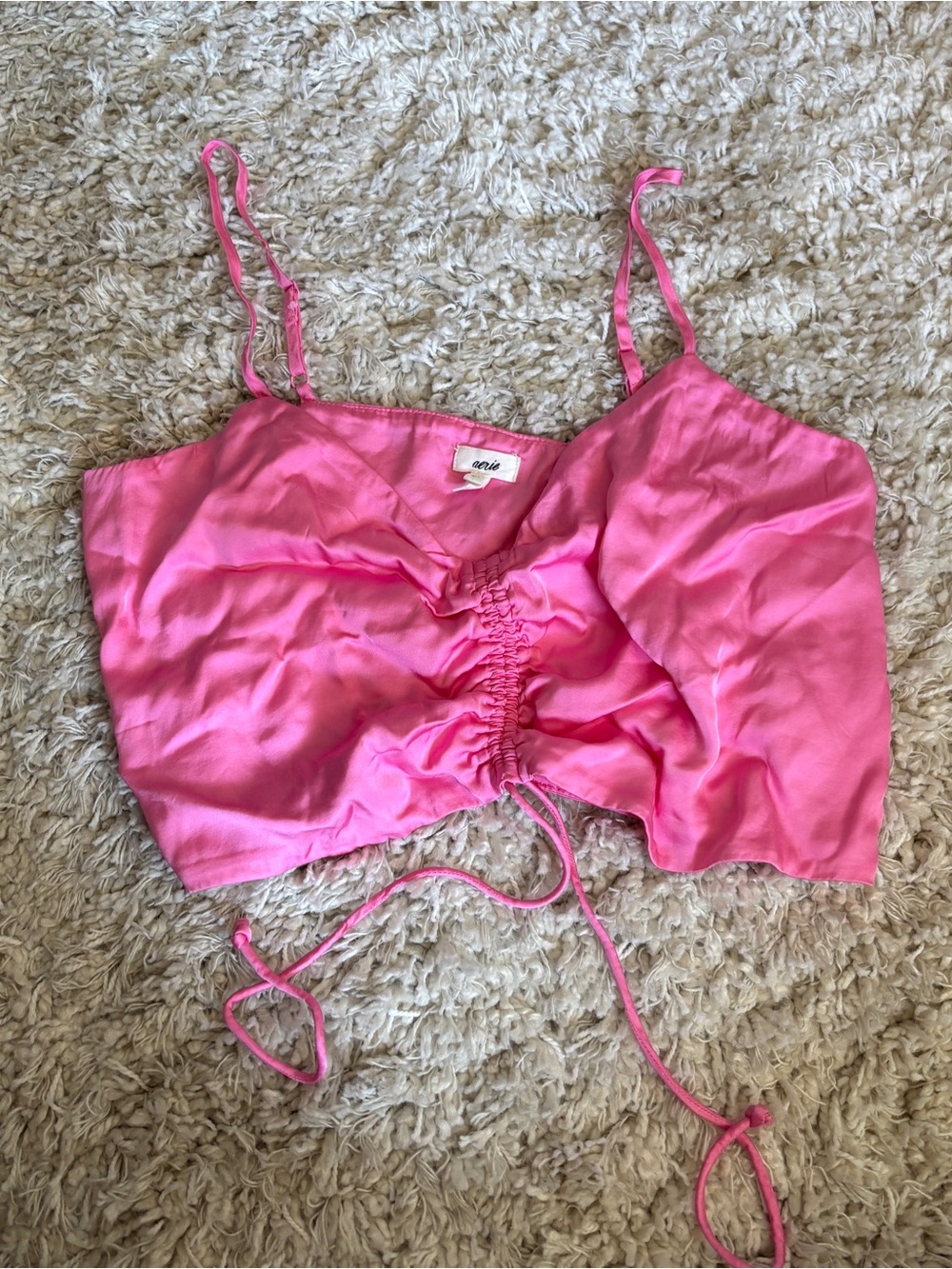 aerie Hot Pink Satin Ruched Drawstring Cami